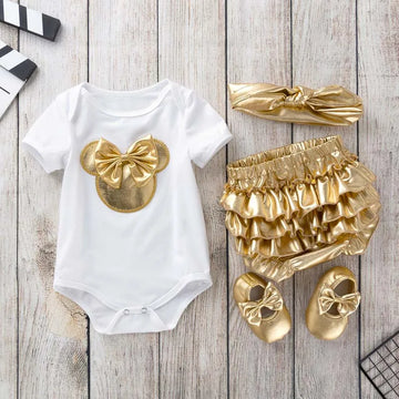 Baby Girl 4Pc Cotton Tops, Skirt-Shorts, Shoes & Headdress Sets. (0~18M)